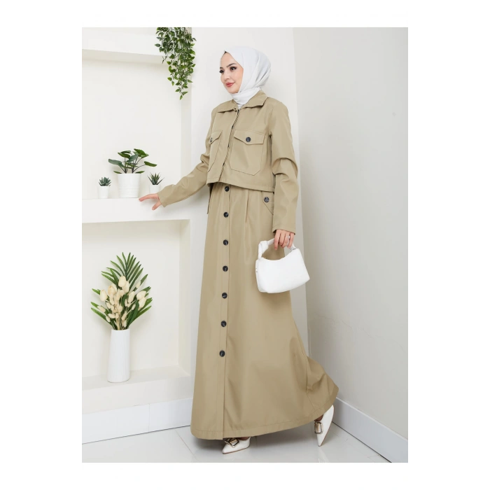 DÜĞMELİ DETAYLI CEPLİ TRENÇKOT ETEKLİ TAKIM TESETTÜR TAKIM MİNT