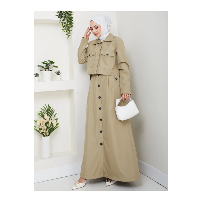 DÜĞMELİ DETAYLI CEPLİ TRENÇKOT ETEKLİ TAKIM TESETTÜR TAKIM MİNT