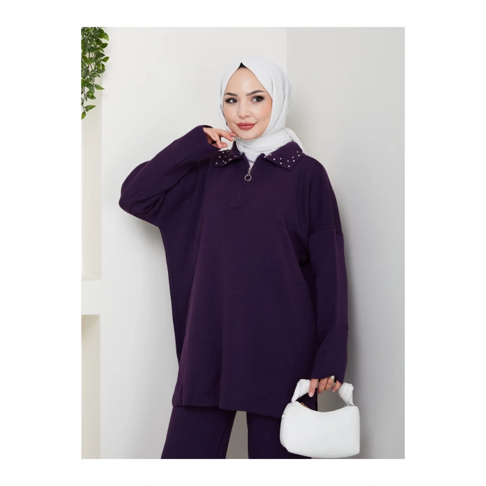 İNCİLİ GÖMLEK FERMUARLI YAKA TRİKO TAKIM MOR