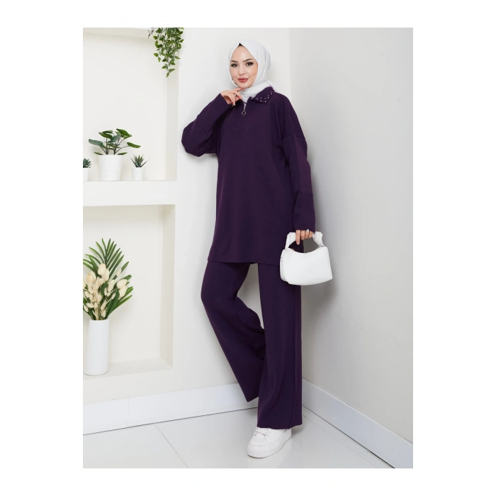 İNCİLİ GÖMLEK FERMUARLI YAKA TRİKO TAKIM MOR