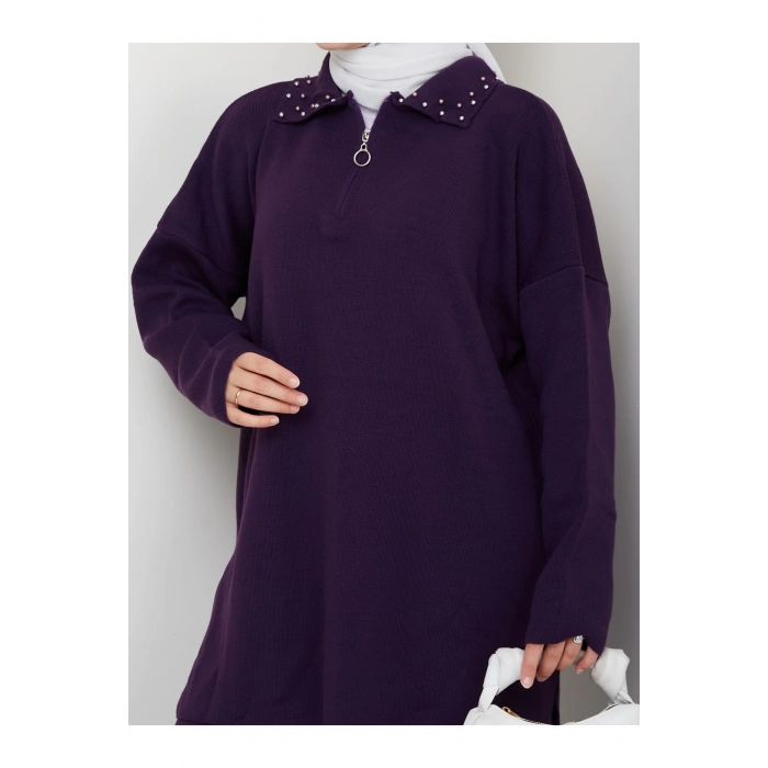 İNCİLİ GÖMLEK FERMUARLI YAKA TRİKO TAKIM MOR