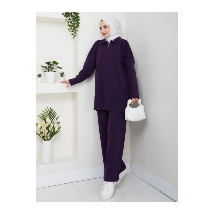 İNCİLİ GÖMLEK FERMUARLI YAKA TRİKO TAKIM MOR