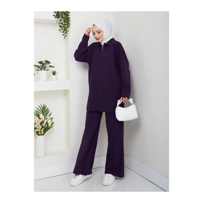 İNCİLİ GÖMLEK FERMUARLI YAKA TRİKO TAKIM MOR