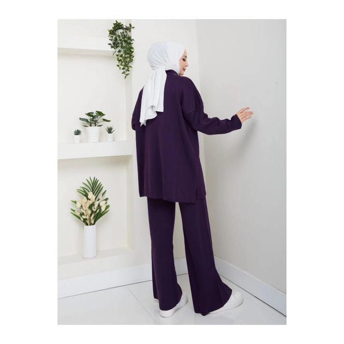 İNCİLİ GÖMLEK FERMUARLI YAKA TRİKO TAKIM MOR