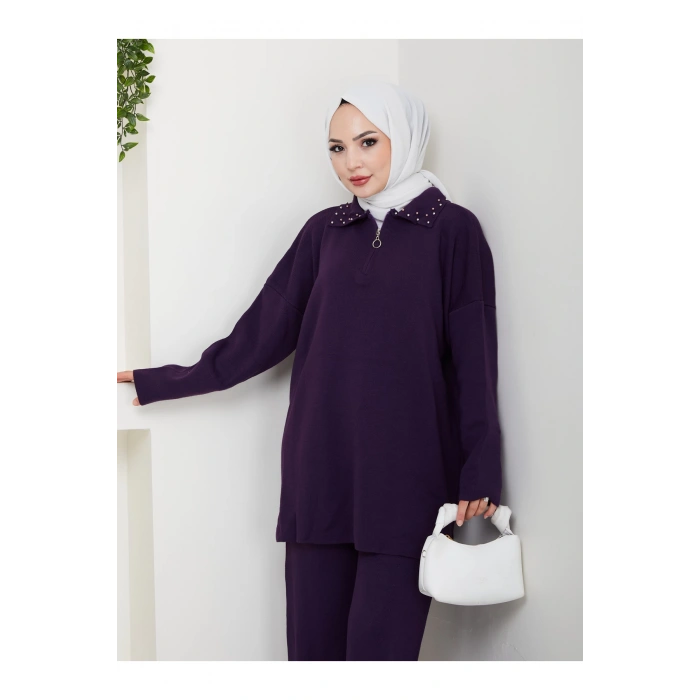 İNCİLİ GÖMLEK FERMUARLI YAKA TRİKO TAKIM MOR
