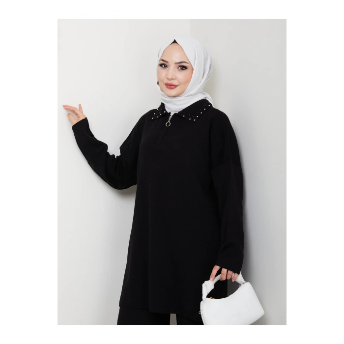 İNCİLİ GÖMLEK FERMUARLI YAKA TRİKO TAKIM SİYAH