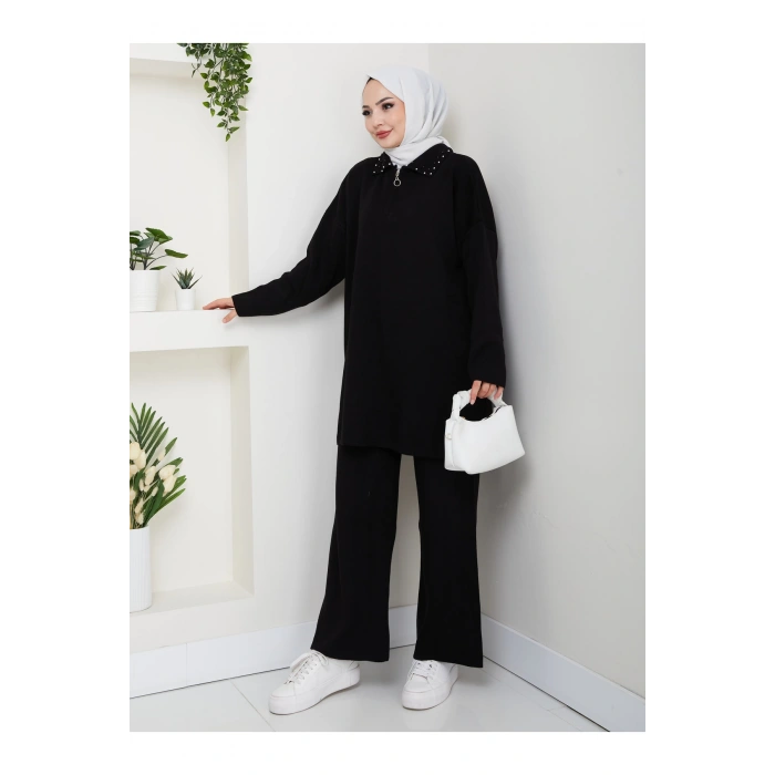 İNCİLİ GÖMLEK FERMUARLI YAKA TRİKO TAKIM SİYAH