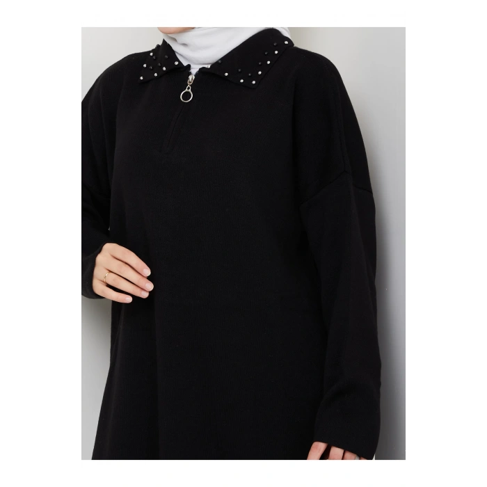 İNCİLİ GÖMLEK FERMUARLI YAKA TRİKO TAKIM SİYAH