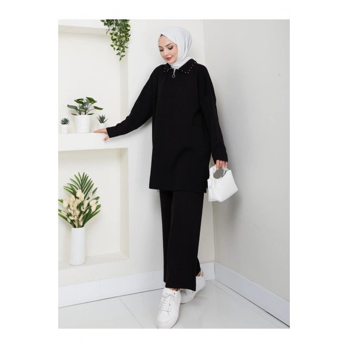 İNCİLİ GÖMLEK FERMUARLI YAKA TRİKO TAKIM SİYAH
