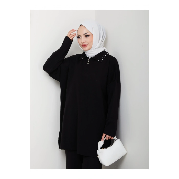 İNCİLİ GÖMLEK FERMUARLI YAKA TRİKO TAKIM SİYAH
