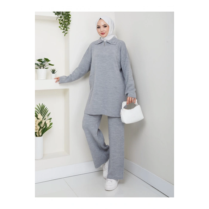 İNCİLİ GÖMLEK FERMUARLI YAKA TRİKO TAKIM GRİ