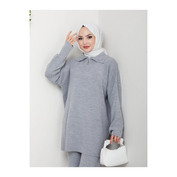 İNCİLİ GÖMLEK FERMUARLI YAKA TRİKO TAKIM GRİ