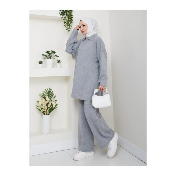 İNCİLİ GÖMLEK FERMUARLI YAKA TRİKO TAKIM GRİ