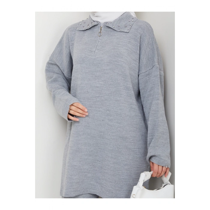 İNCİLİ GÖMLEK FERMUARLI YAKA TRİKO TAKIM GRİ