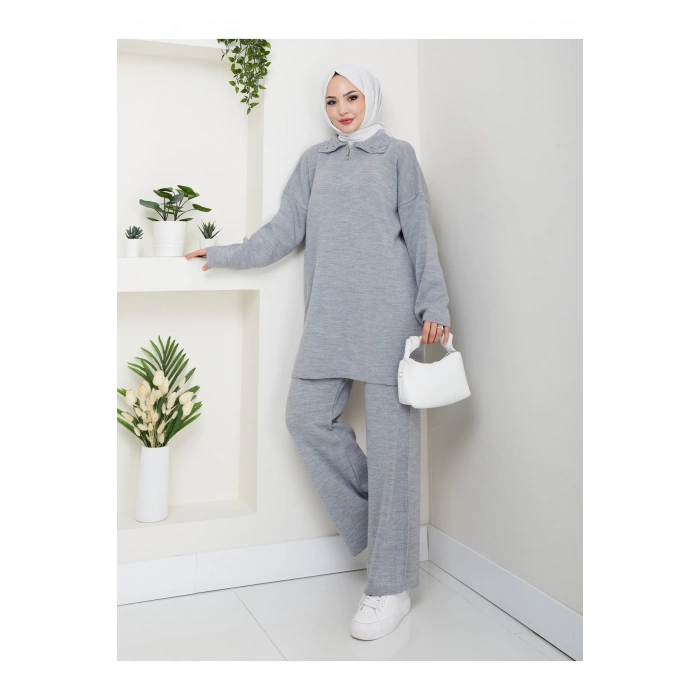 İNCİLİ GÖMLEK FERMUARLI YAKA TRİKO TAKIM GRİ