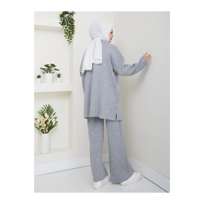 İNCİLİ GÖMLEK FERMUARLI YAKA TRİKO TAKIM GRİ