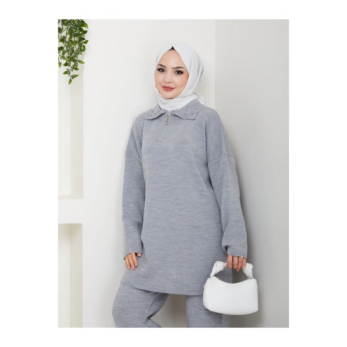İNCİLİ GÖMLEK FERMUARLI YAKA TRİKO TAKIM GRİ