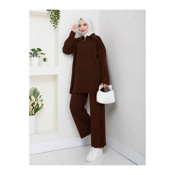 İNCİLİ GÖMLEK FERMUARLI YAKA TRİKO TAKIM KAHVE