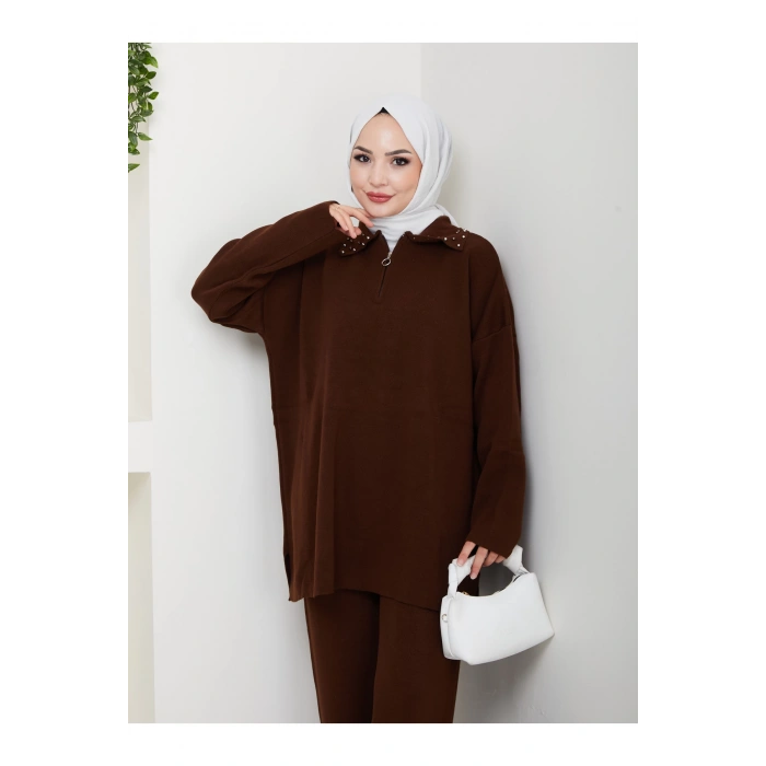 İNCİLİ GÖMLEK FERMUARLI YAKA TRİKO TAKIM KAHVE