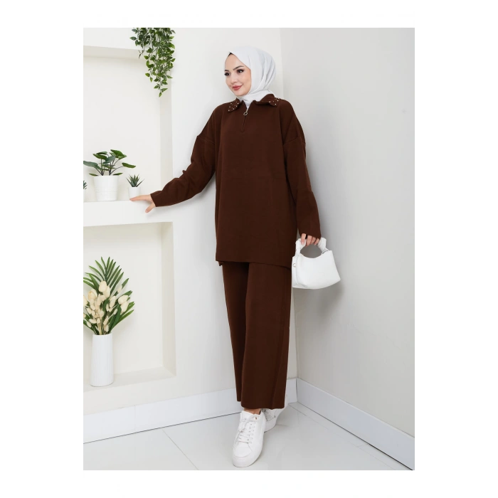 İNCİLİ GÖMLEK FERMUARLI YAKA TRİKO TAKIM KAHVE