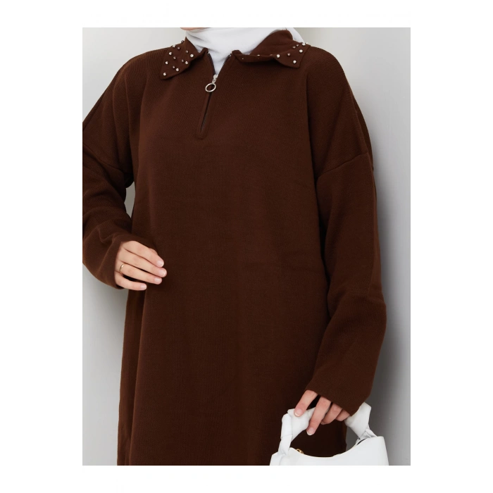 İNCİLİ GÖMLEK FERMUARLI YAKA TRİKO TAKIM KAHVE