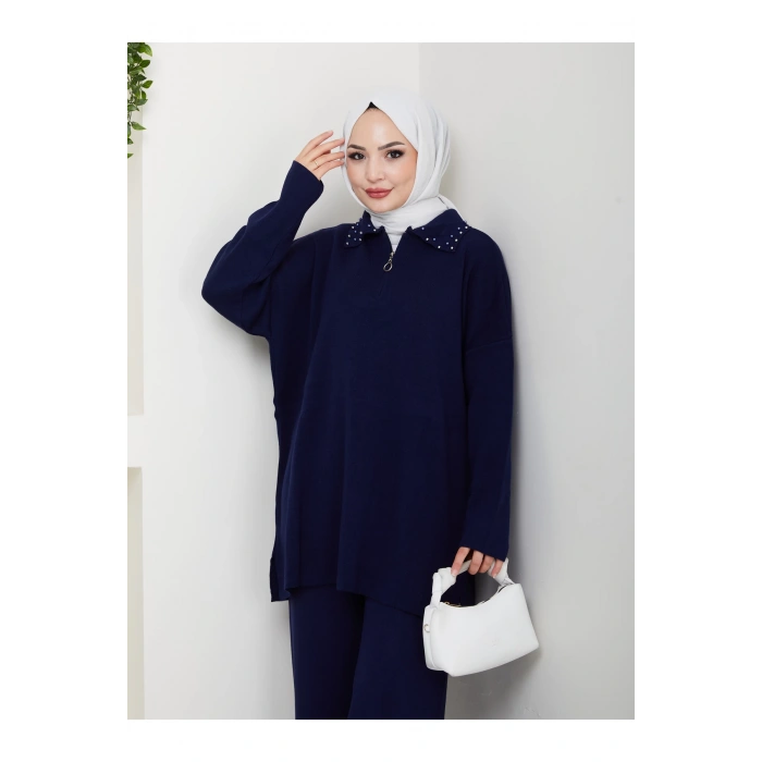 İNCİLİ GÖMLEK FERMUARLI YAKA TRİKO TAKIM LACİVERT