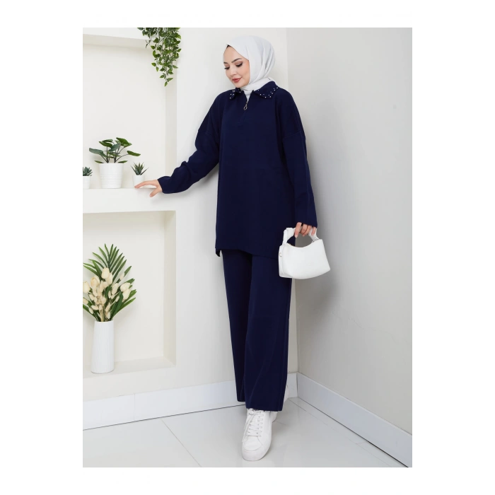 İNCİLİ GÖMLEK FERMUARLI YAKA TRİKO TAKIM LACİVERT