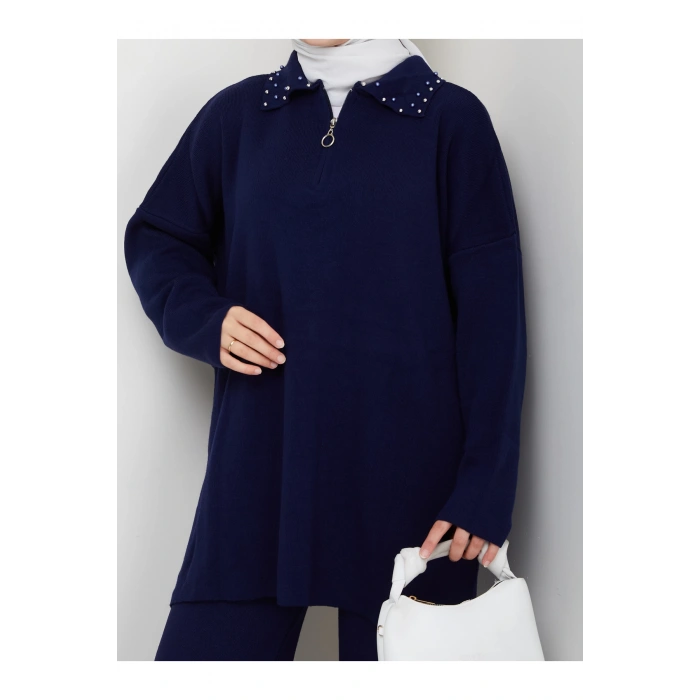 İNCİLİ GÖMLEK FERMUARLI YAKA TRİKO TAKIM LACİVERT