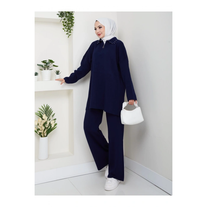 İNCİLİ GÖMLEK FERMUARLI YAKA TRİKO TAKIM LACİVERT