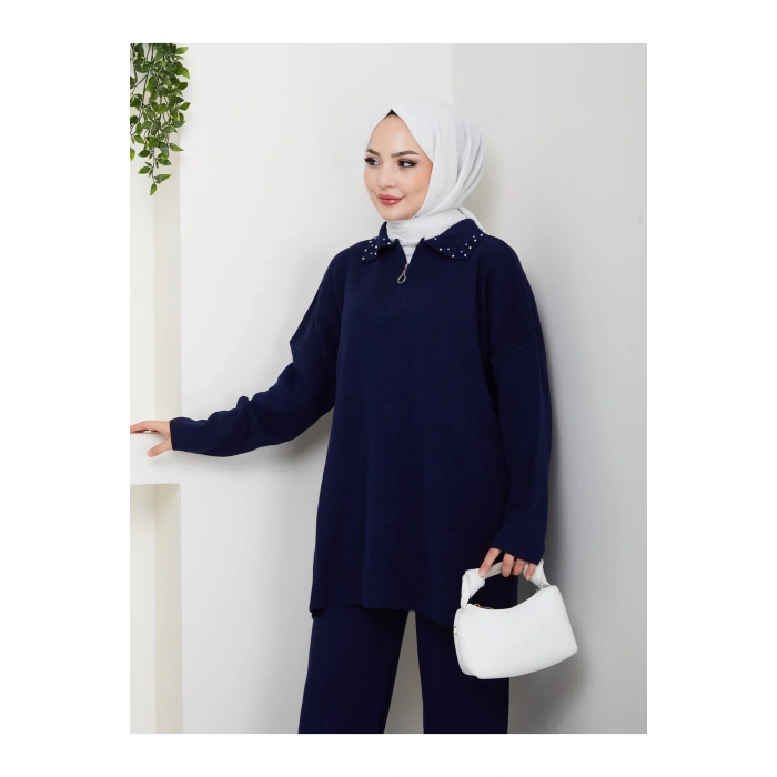 İNCİLİ GÖMLEK FERMUARLI YAKA TRİKO TAKIM LACİVERT