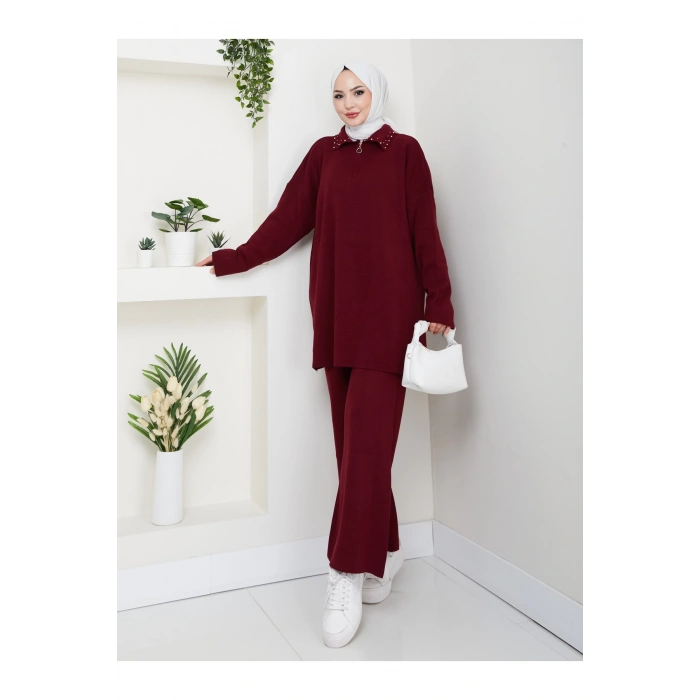 İNCİLİ GÖMLEK FERMUARLI YAKA TRİKO TAKIM BORDO
