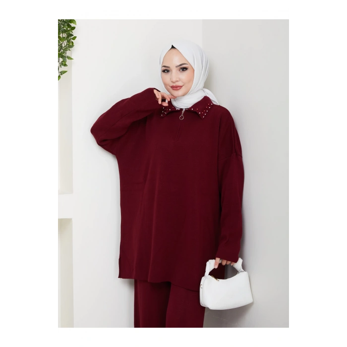 İNCİLİ GÖMLEK FERMUARLI YAKA TRİKO TAKIM BORDO