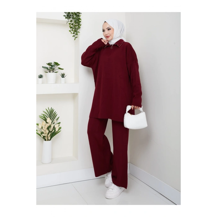 İNCİLİ GÖMLEK FERMUARLI YAKA TRİKO TAKIM BORDO