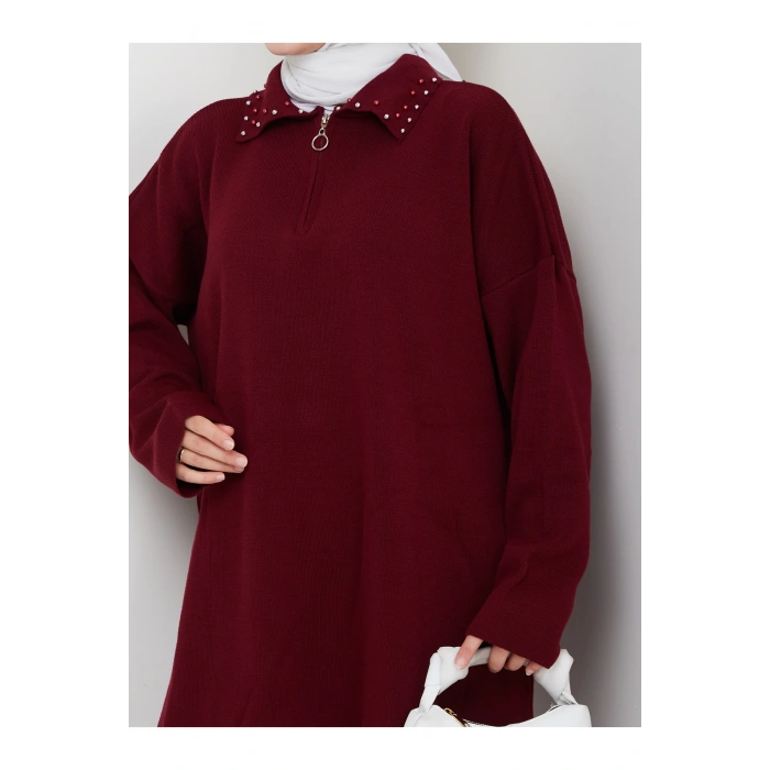 İNCİLİ GÖMLEK FERMUARLI YAKA TRİKO TAKIM BORDO