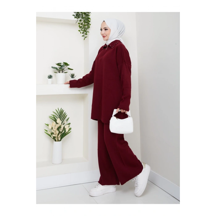 İNCİLİ GÖMLEK FERMUARLI YAKA TRİKO TAKIM BORDO