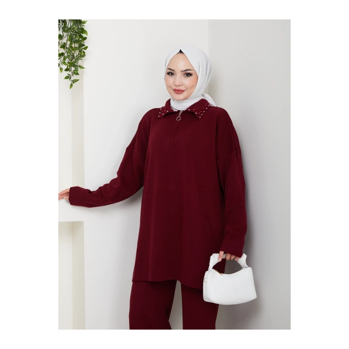 İNCİLİ GÖMLEK FERMUARLI YAKA TRİKO TAKIM BORDO