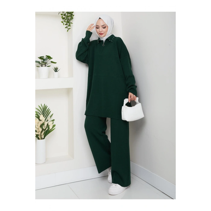 İNCİLİ GÖMLEK FERMUARLI YAKA TRİKO TAKIM ZÜMRÜT