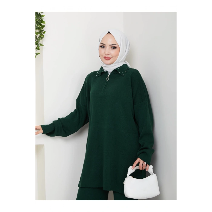 İNCİLİ GÖMLEK FERMUARLI YAKA TRİKO TAKIM ZÜMRÜT