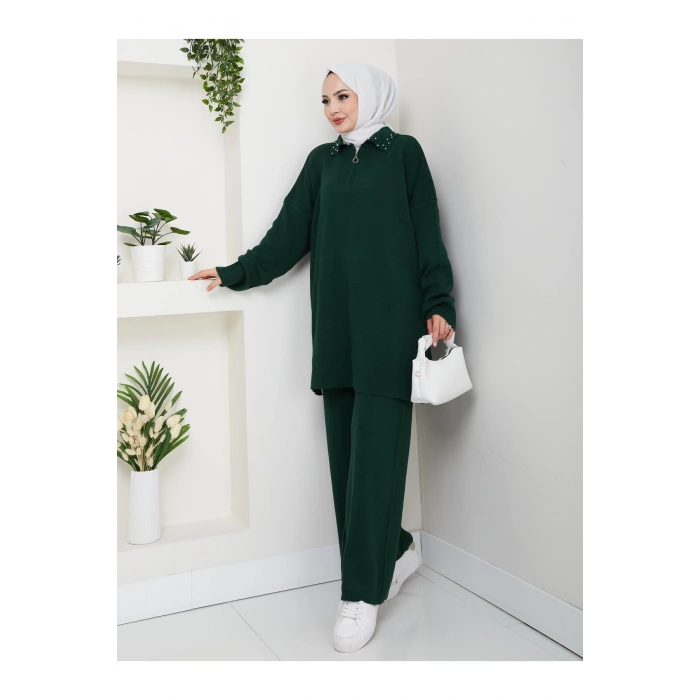İNCİLİ GÖMLEK FERMUARLI YAKA TRİKO TAKIM ZÜMRÜT