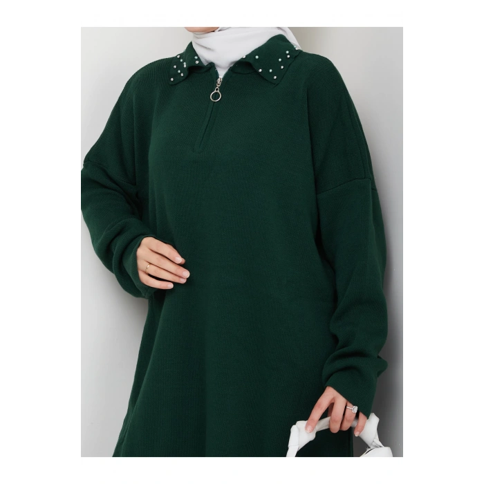 İNCİLİ GÖMLEK FERMUARLI YAKA TRİKO TAKIM ZÜMRÜT