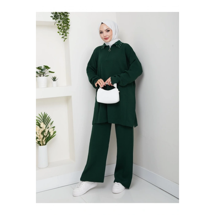 İNCİLİ GÖMLEK FERMUARLI YAKA TRİKO TAKIM ZÜMRÜT