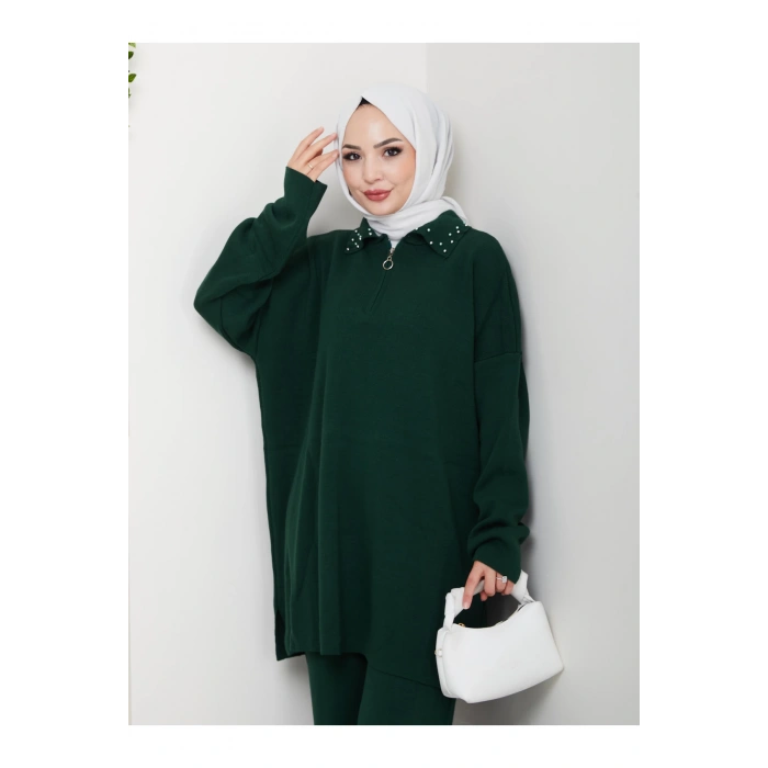 İNCİLİ GÖMLEK FERMUARLI YAKA TRİKO TAKIM ZÜMRÜT