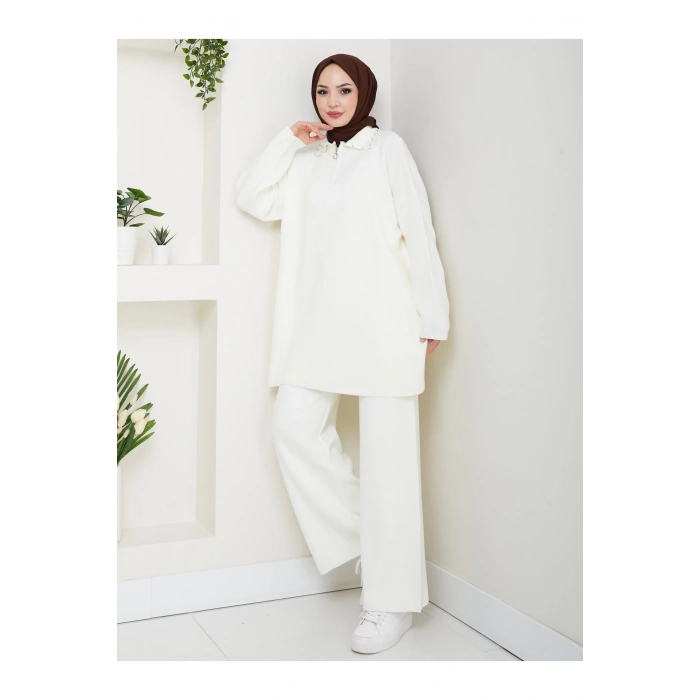 İNCİLİ GÖMLEK FERMUARLI YAKA TRİKO BEYAZ