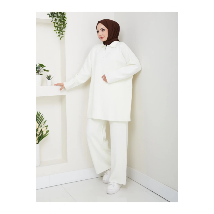 İNCİLİ GÖMLEK FERMUARLI YAKA TRİKO BEYAZ