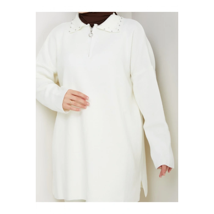 İNCİLİ GÖMLEK FERMUARLI YAKA TRİKO BEYAZ