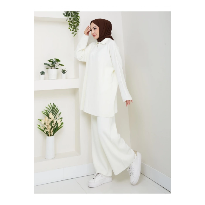 İNCİLİ GÖMLEK FERMUARLI YAKA TRİKO BEYAZ