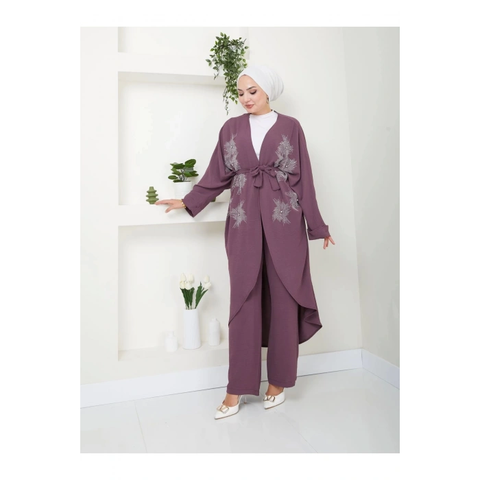 TAŞLİ KİMONO AYROBİN TESETTÜR TAKIM 634 MÜRDÜM