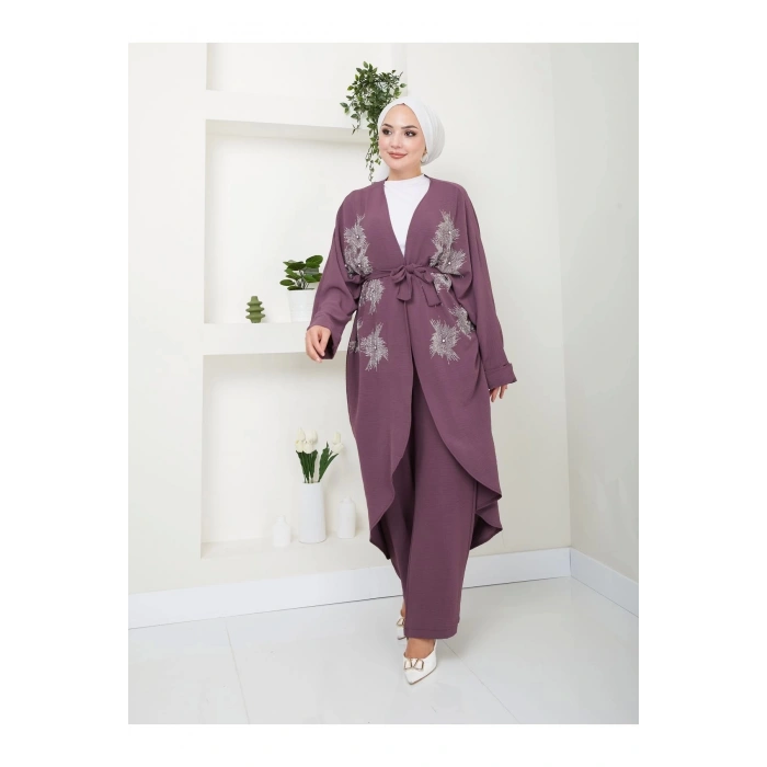 TAŞLİ KİMONO AYROBİN TESETTÜR TAKIM 634 MÜRDÜM