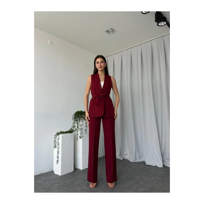 KADIN LEİLA YELEK PANTOLON TAKIM ASTARLİ KUŞAKLI