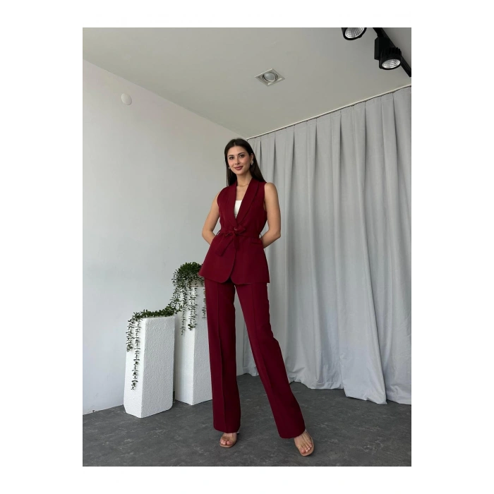 KADIN LEİLA YELEK PANTOLON TAKIM ASTARLİ KUŞAKLI